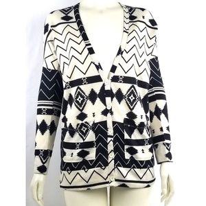 Nollie Aztec Tribal Print Button Down Cardigan Black Cream SMALL